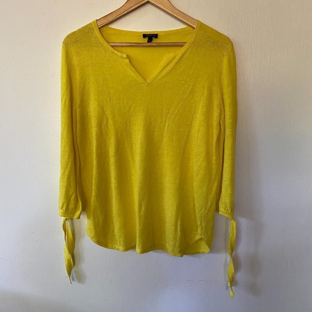 Talbots Yellow Linen Sweater XS Tie Sleeves V-neck Cottagecore Prarie Garden Tea
